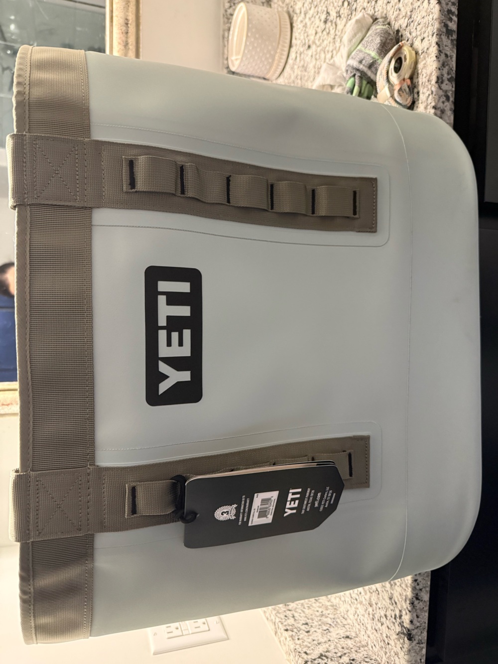 Yeti White Duffel with Tan Webbing Straps